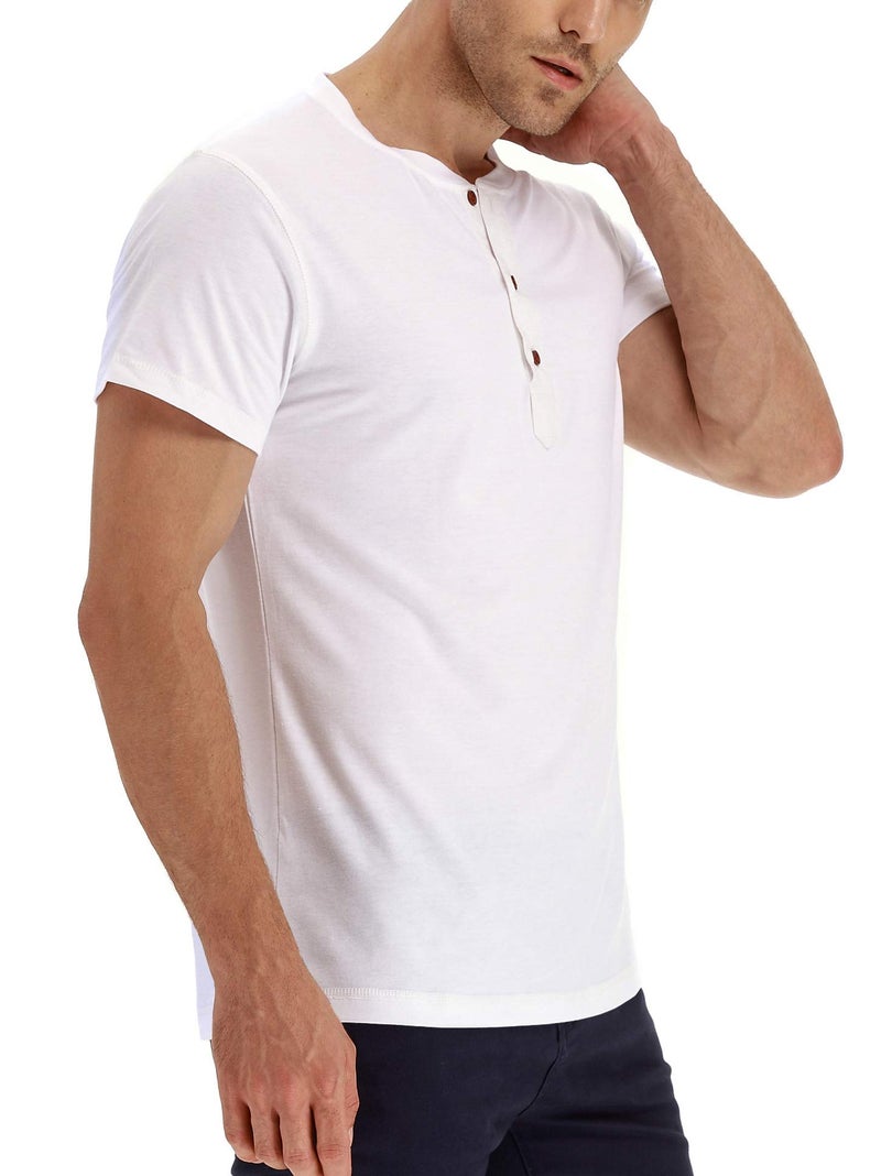NITAGUT Mens Fashion Casual Front Placket Basic Short Sleeve Henley T-Shirts (L, 02 White) - Image 2